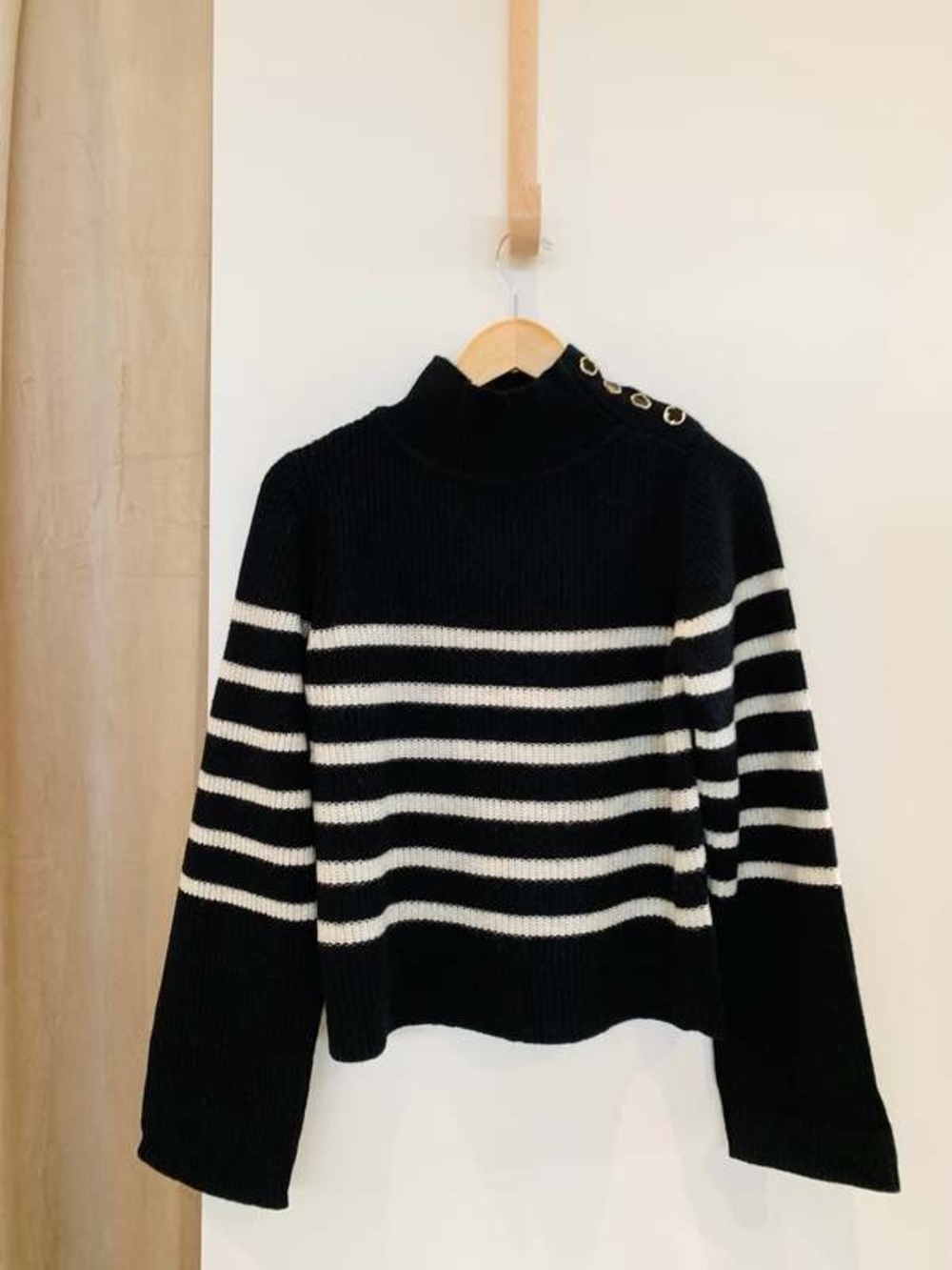 SUNCOO Black & White Striped Turtleneck Sweater with Shoulder Buttons